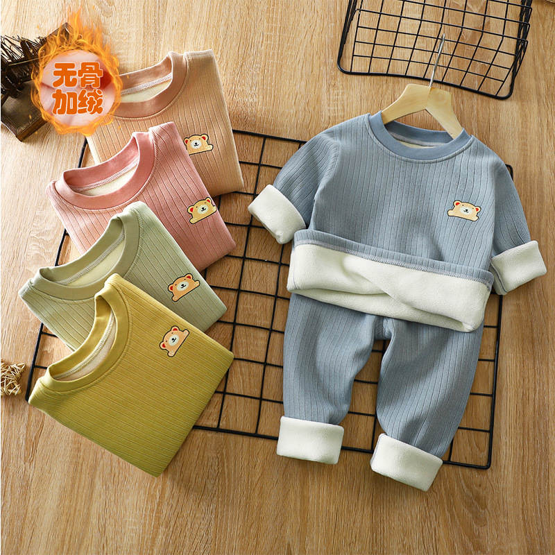 children warm suit fleece-lined thickened autumn and winter new baby bottoming underwear children‘s autumn clothes long pants little kids‘ suit
