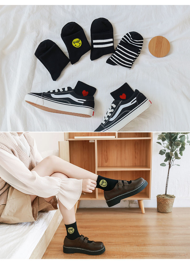 女袜 韩版春夏季中筒袜 时尚潮流学院风黑色爱心女士学生袜子
