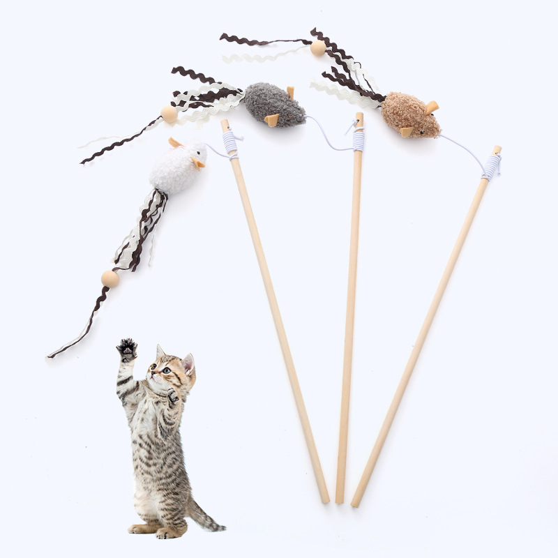 Cat Toy Wooden Pole Mouse Cat Pole Toy with Beard Interactive Funny Cat Toy Cat Toy