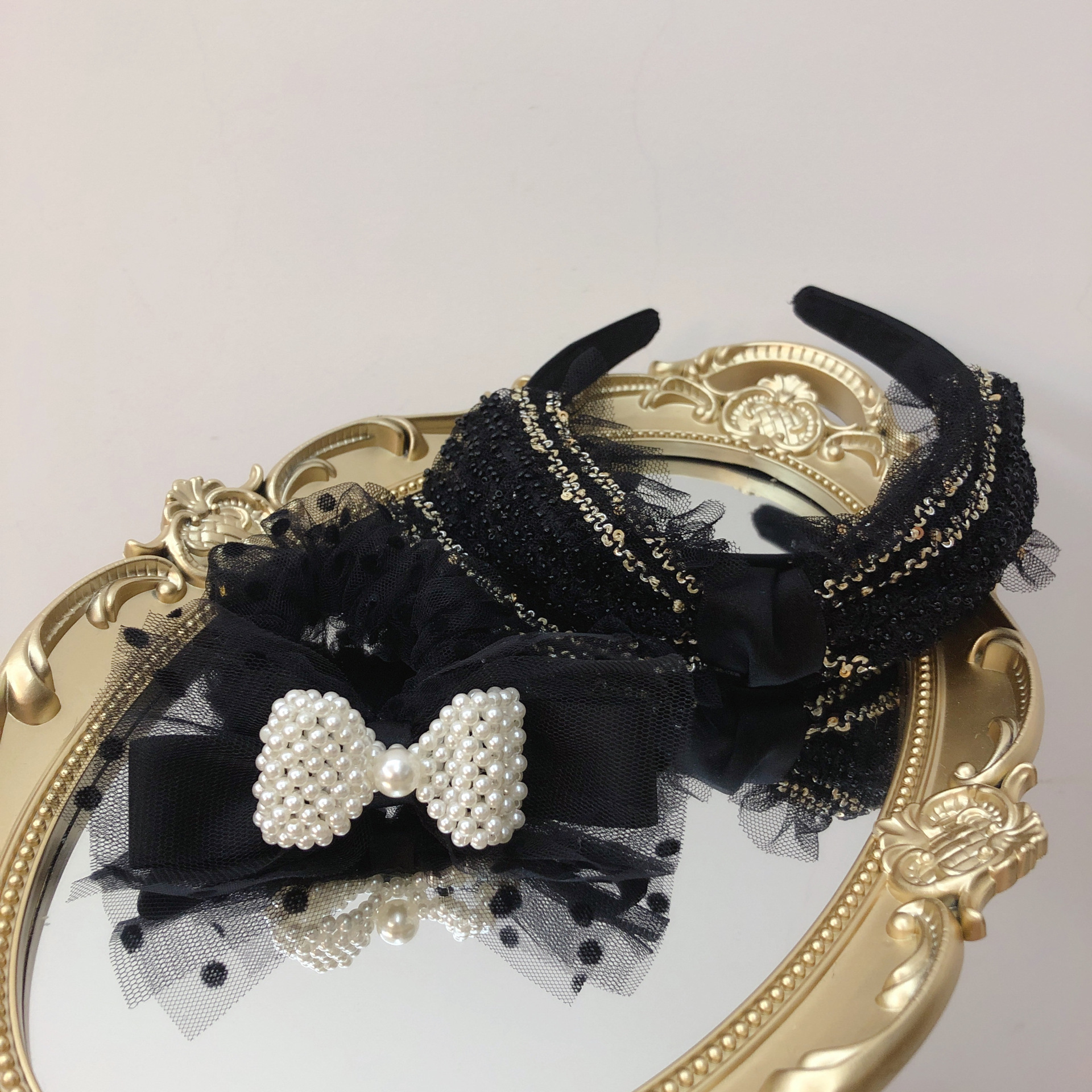 韩国东大门网纱亮片甜美少女lolita风格 蝴蝶结珍珠发箍发圈发饰