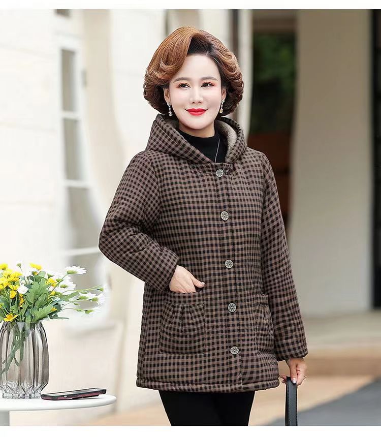 时尚妈妈装秋冬新款加绒加厚保暖棉服外套中老年女装连帽格子棉衣