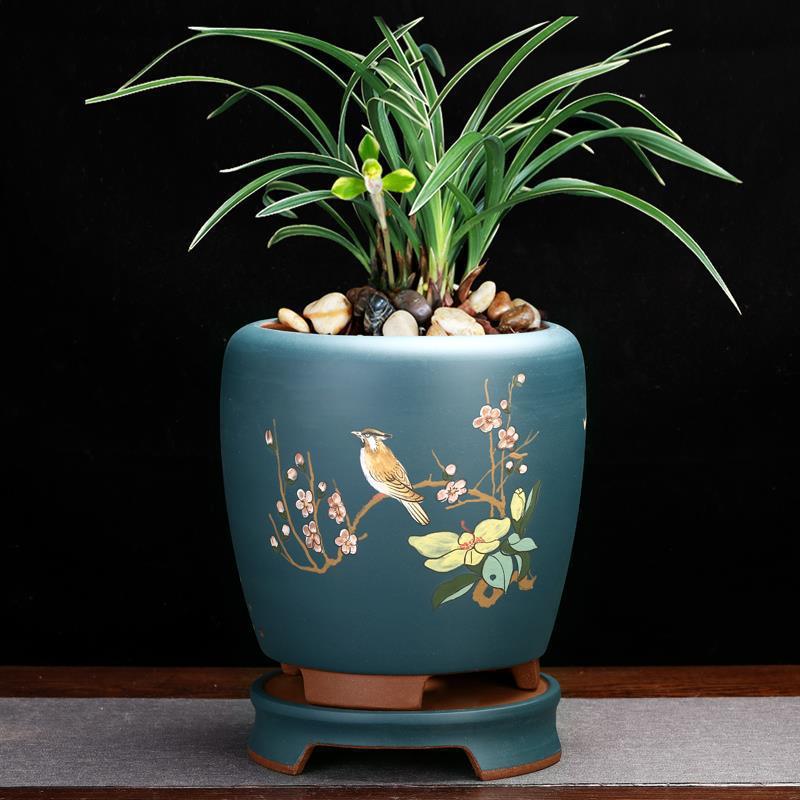 宜兴紫砂兰花盆专用精品花器花瓶点彩带底座老桩蕙春建兰桌面包邮