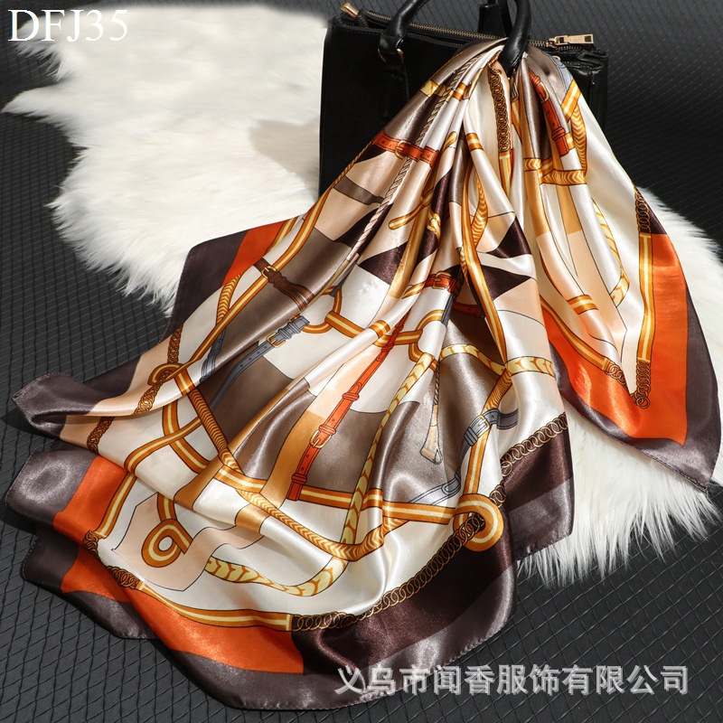 Elegant Chain Square Scarf Hangzhou Silk Quality Scarf Satin Satin Emulation Silk Scarf Wholesale Women's Shawl