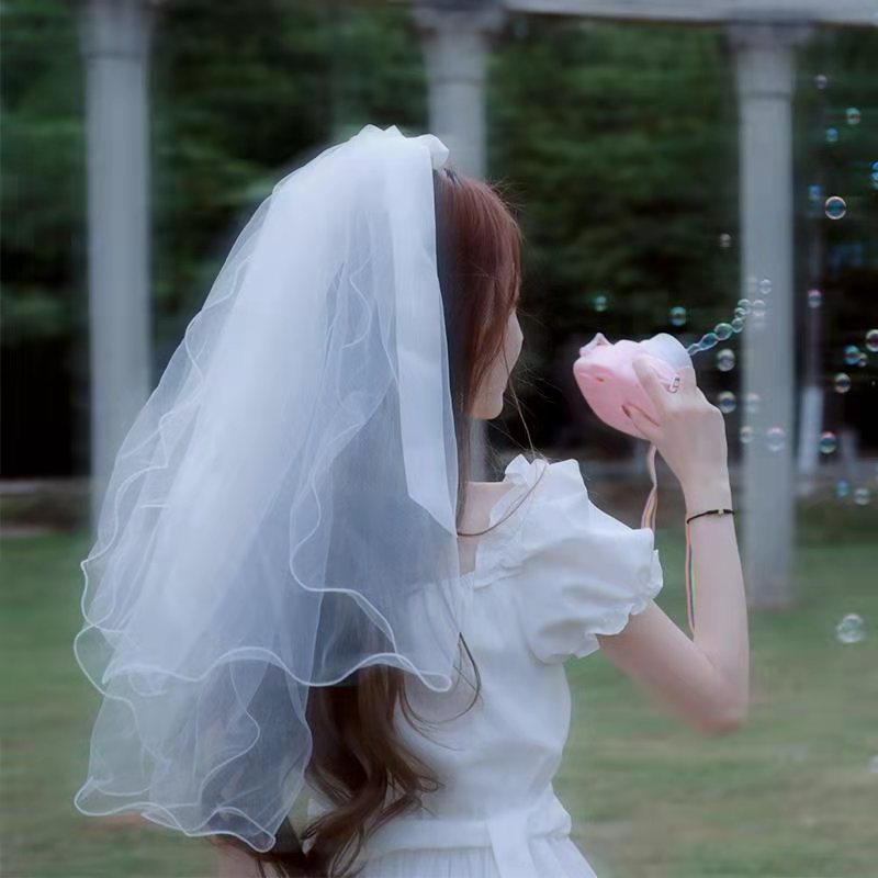 网红发光头纱带灯双层超仙新款蝴蝶结珍珠丝带头纱带灯头饰批发