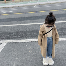 2023春款女童韩版慵懒风长款针织毛线外套咖色宽松单排扣连帽开衫