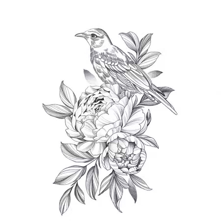 现货批发黑白素描花朵纹身贴暗黑花臂纹身贴纸玫瑰花朵tattoo