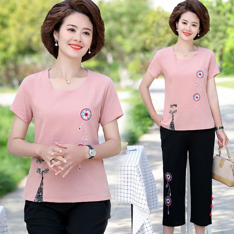 中年妈妈装夏季短袖恤上衣40-50岁中老年人女装棉麻两件套装-阿里巴巴