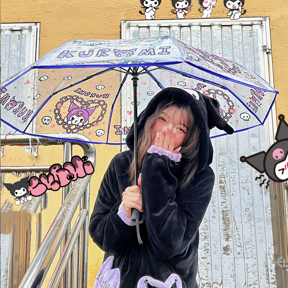 Japanese Style Soft Girl Two-Dimensional Automatic Internet Celebrity Kuromi Transparent Umbrella Kuromi Cartoon Extra Thick Foldable and Portable