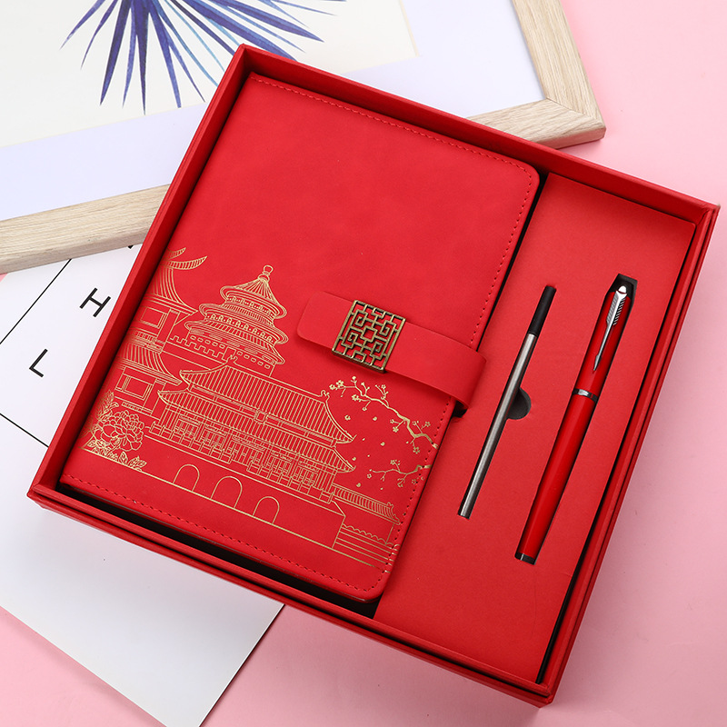 2024新款红色套装礼品笔金属签字笔网格a5笔记本套装教师节礼品