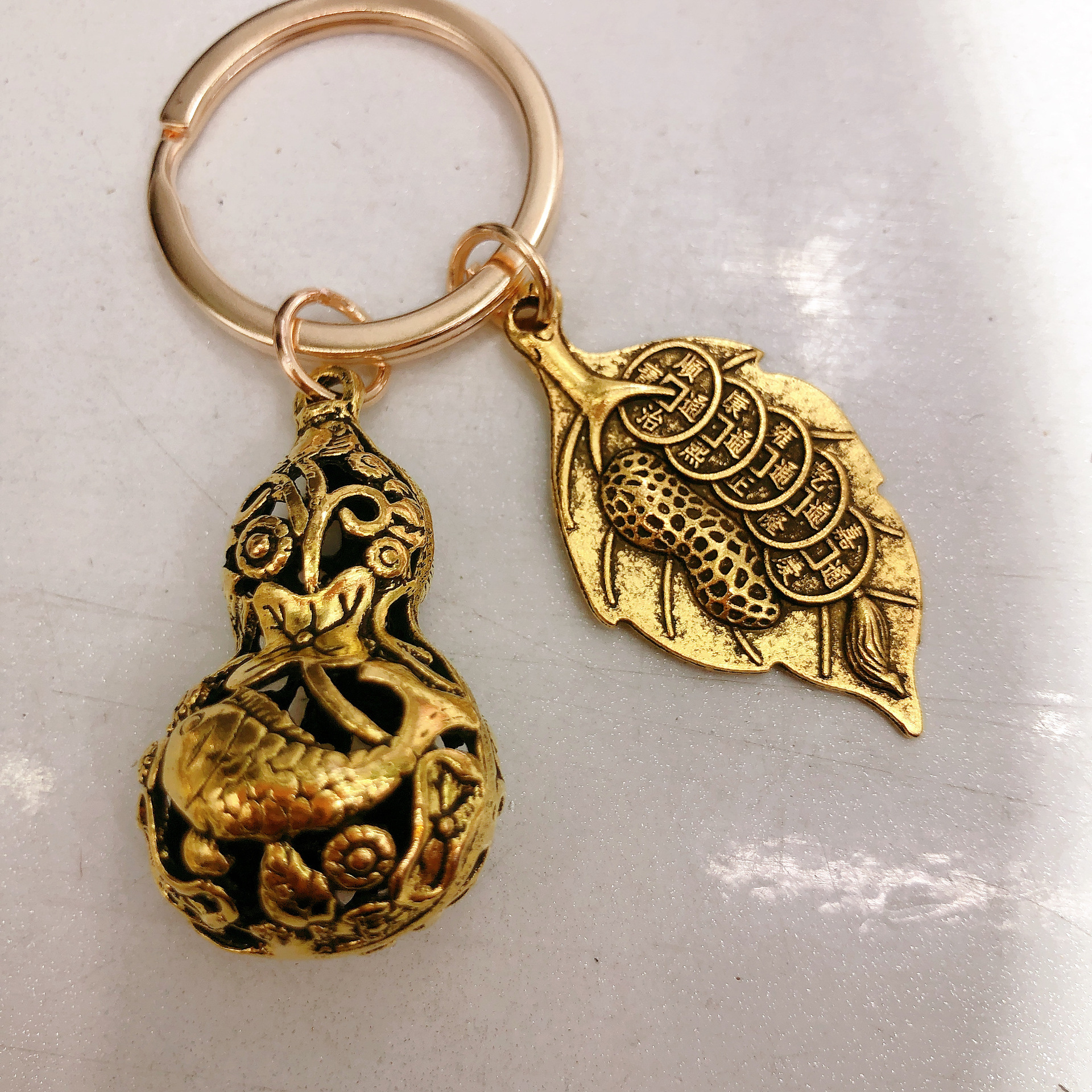 纯黄铜葫芦汽车钥匙扣挂件 一叶生财聚财葫芦创意地摊小礼品挂件