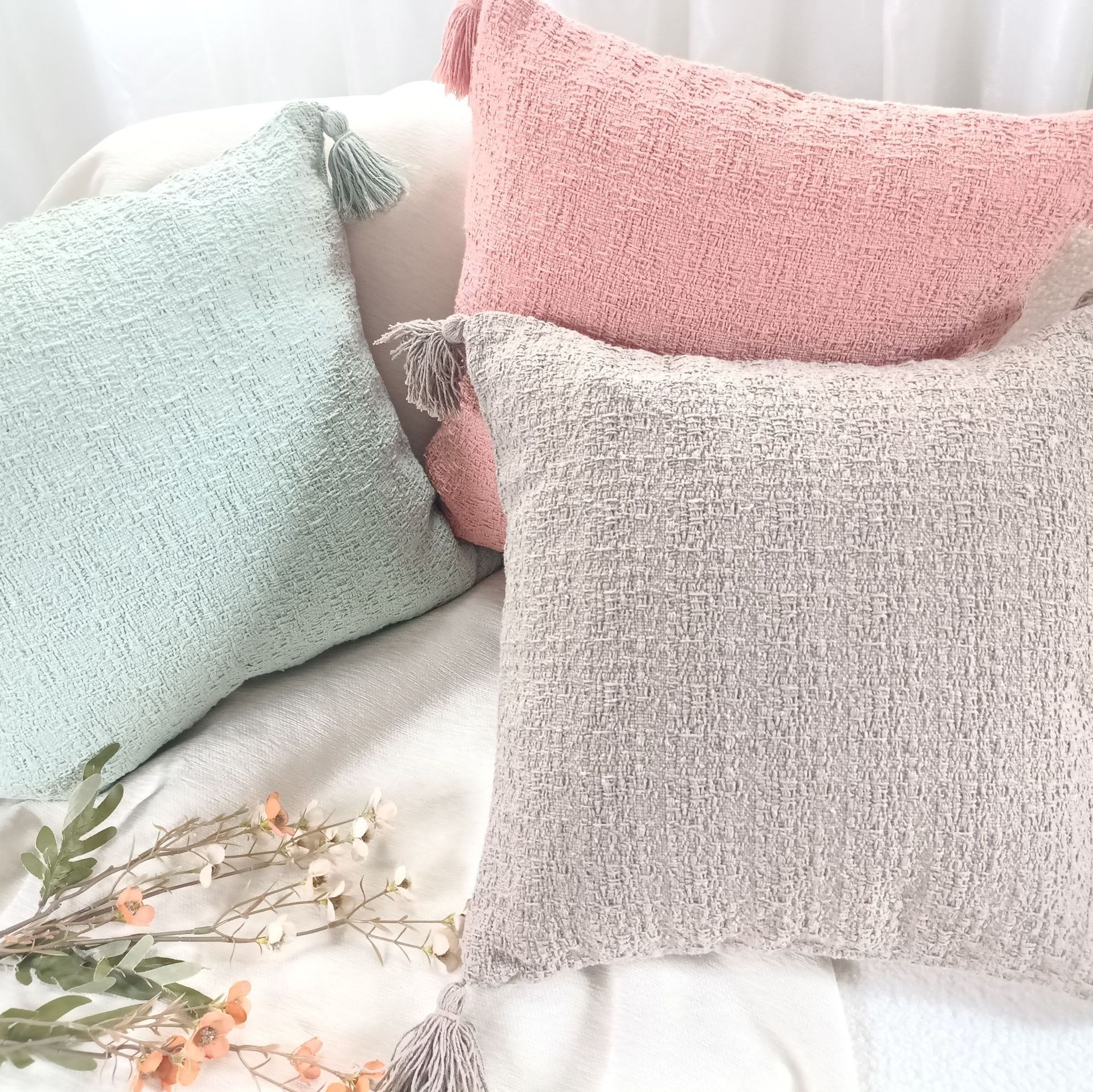 Cotton and Linen Ins Solid Color Pillow Sofa and Bedside Dormitory Students Pillow Cover without Core Miji Woven Back Cushion