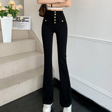 微喇裤女2024夏季新款韩版时尚加长版休闲长裤黑色高腰显瘦喇叭裤