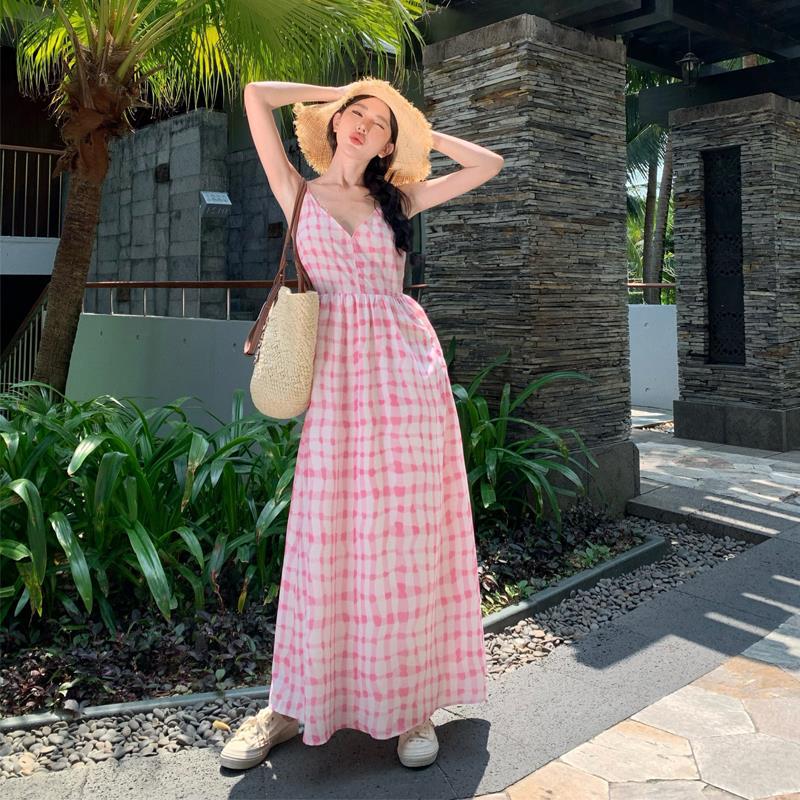 womens dresses泰国旅行穿搭沙滩裙海边度假法式v领吊带连衣裙女