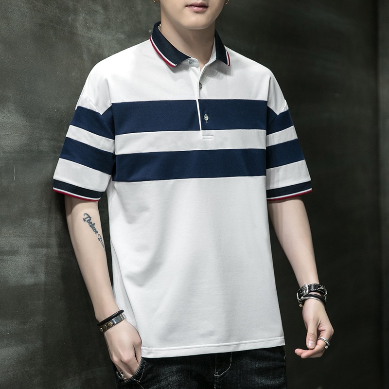 夏季时尚翻领polo衫男士潮牌潮流宽松短袖t恤条纹商务休闲体恤