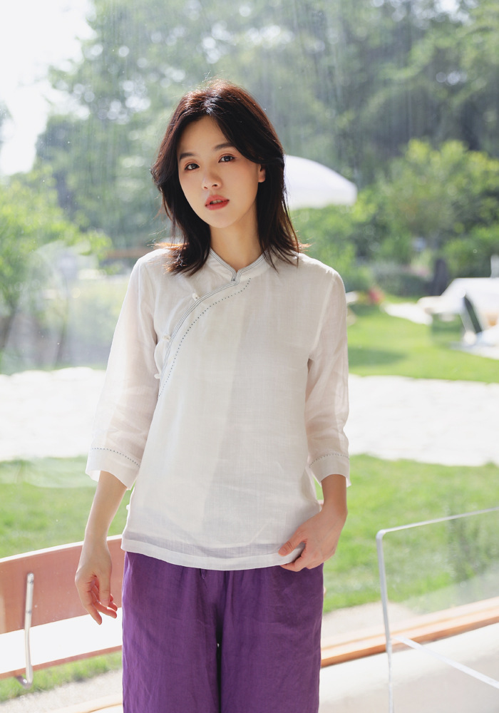 文艺棉麻女装2021夏新品七分袖苎麻上衣新中式手工盘扣双层小衫