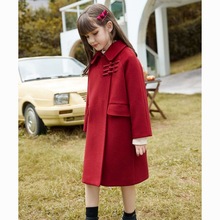 女童毛呢外套秋冬季洋气新中式新年红色中长款儿童呢子大衣加厚冬