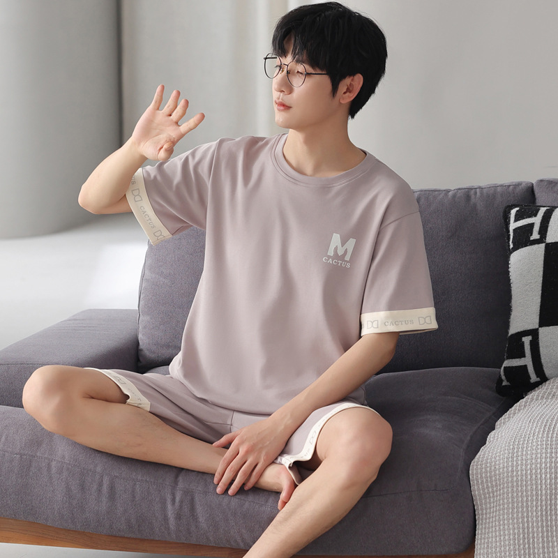 Men's Pajamas Summer Cotton Short-Sleeved Shorts Thin Casual Youth Home Wear Spring and Summer Can Be Worn outside Suit