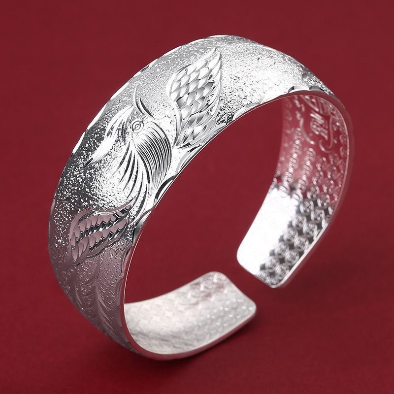 白铜镀银手镯女大宽面开口龙凤凰呈祥吉祥福字镯子送长辈礼物货源