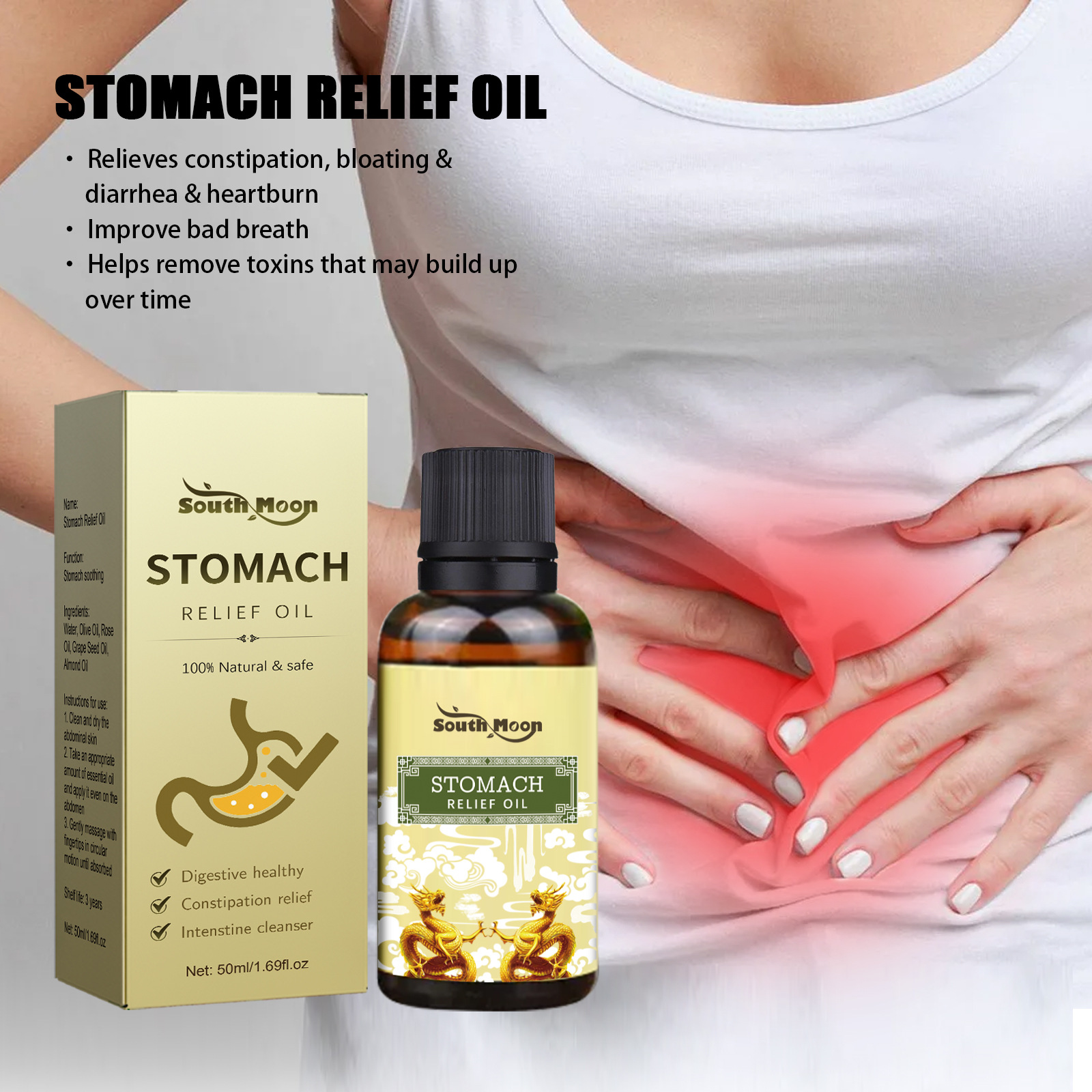 South Moon Stomach Oil Abdominal Massage Treatment Oil Clear Excrement Left in Body Relieve Gastrointestinal Discomfort Firming Slimming Oil