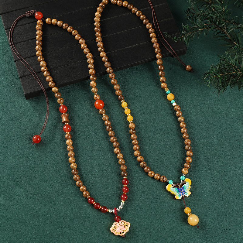 复古中式木珠景泰蓝项链小众设计中国风长款毛衣链气质文艺女配饰