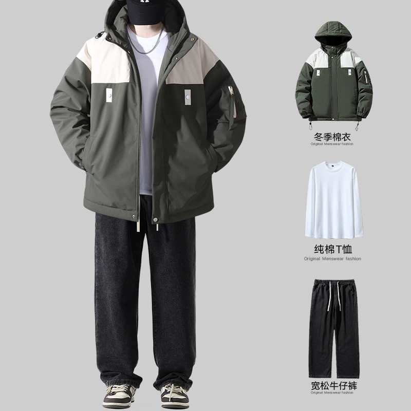 棉衣牛仔裤穿搭男士冬季休闲时尚套装男装一套搭配帅气加厚三件套