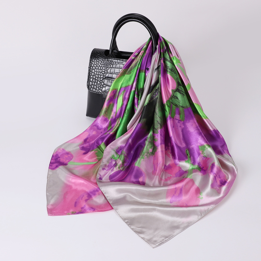 New Simple Fashion Plant Flower Scarf Emulation Silk Scarf Square Scarf Women's Bag Headscarf Scarf Travel Gift