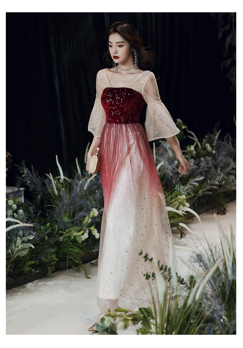 晚礼服宴会女气质渐变色连衣裙订婚新娘敬酒服2021新款酒红色秋季