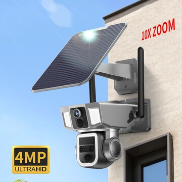 三目太阳能摄像头 室外防水10倍变焦双光夜视4mp枪球监控摄像头