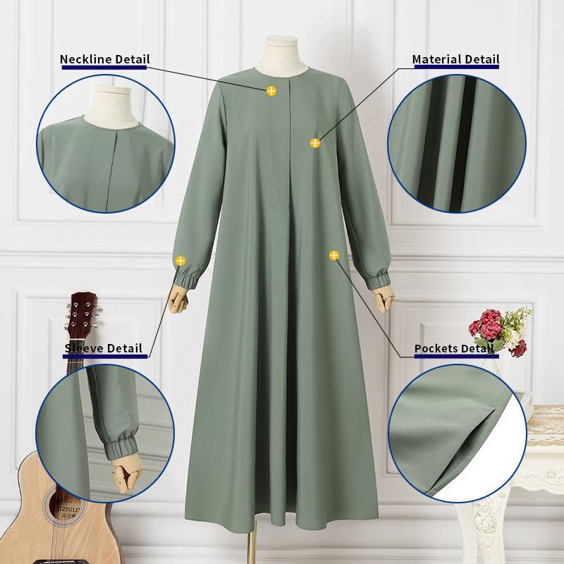 2022 Spring and Summer New Pure Color Muslim Commuter Street Fashion Pocket Puff Sleeve Swing Long Dress