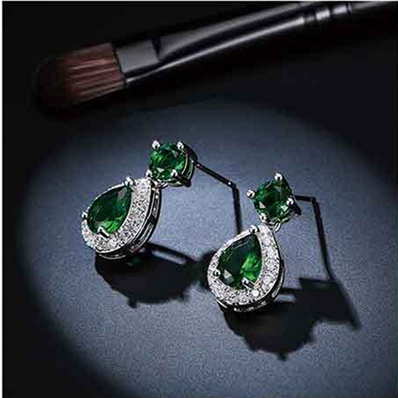 欧美热卖时尚镶钻双生子绿宝石耳钉水滴状绿水晶耳饰品 一件代发