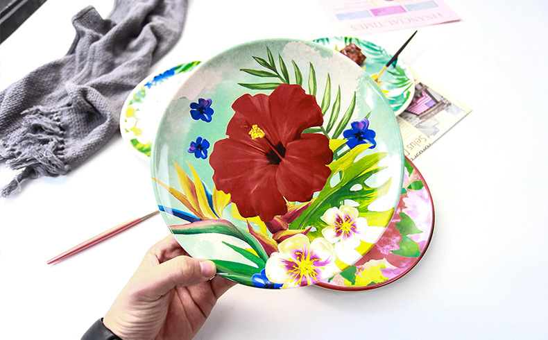 a5密胺春天系列8寸圆盘餐具 创意花卉餐盘西餐厅牛排盘点心摆拍盘