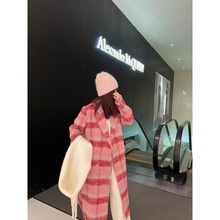 美拉德法式赫本风格子大衣秋冬季新款韩系大衣宽松粉色外套女穿搭