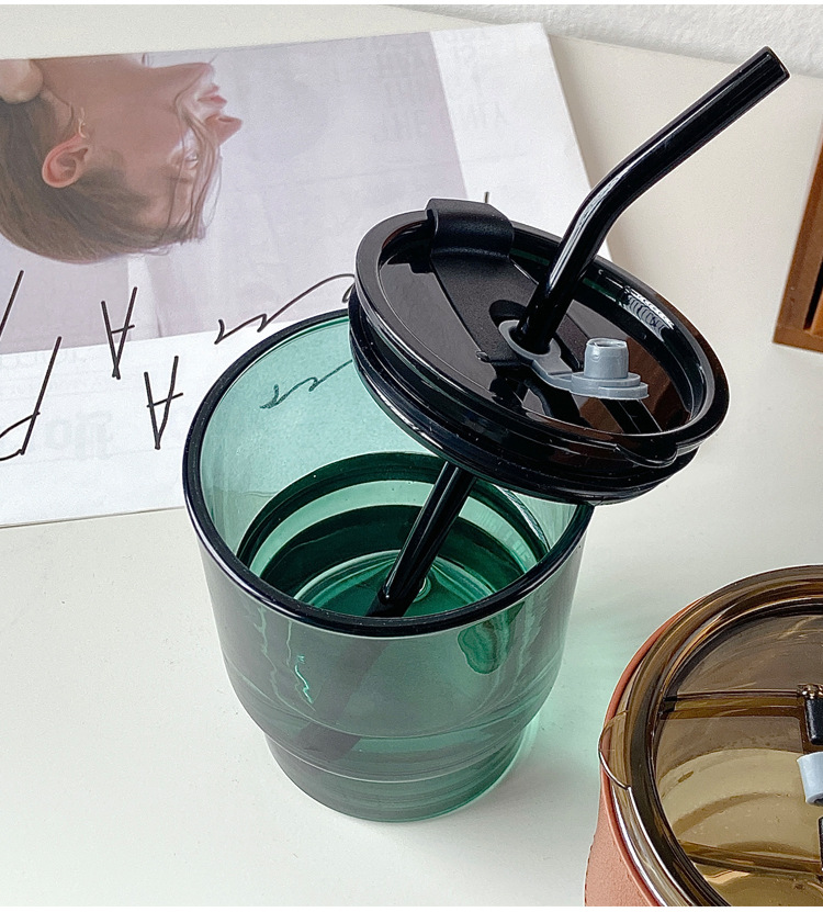 Thermal Transfer Printing Cold Extraction Coffee Cup Ins Style Brown Bamboo Joint Cup with Straw Glass with Lid Internet Sensation Milk Tea Water Cup