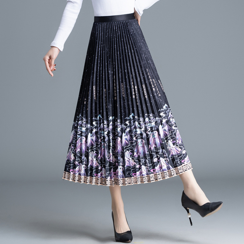 High Waist Horse-Face Skirt Fashionable Elegant Women's Clothing Printed Dress Elastic Waist Pleated Skirt Long Spring A- line Skirt