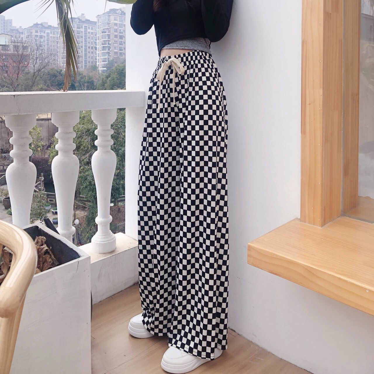 Chessboard Plaid Pants Women's Summer Thin 2023 New High Waist Slimming Draping Casual Wide Leg Pants Air Conditioning Cool Pants