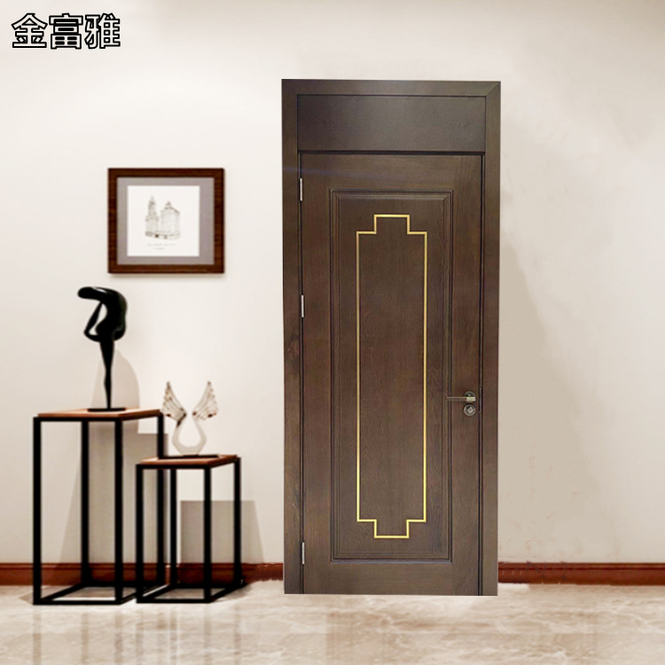 厂家直供烤漆原木门胡桃木原木门房间门整套原木门镶金属条简约风