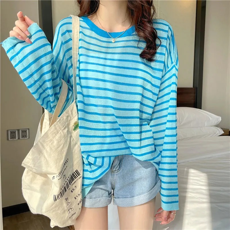 Early Autumn Striped Loose-Fitting Thin Long Sleeve Women's Sun Protection Ice Silk All-Match Top Women's Casual Lazy White Fruit T-shirt Women