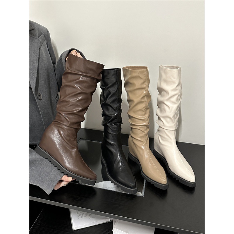 法式小众尖头内增高坡跟高筒长靴女靴子2024年新款长筒褶皱堆堆靴