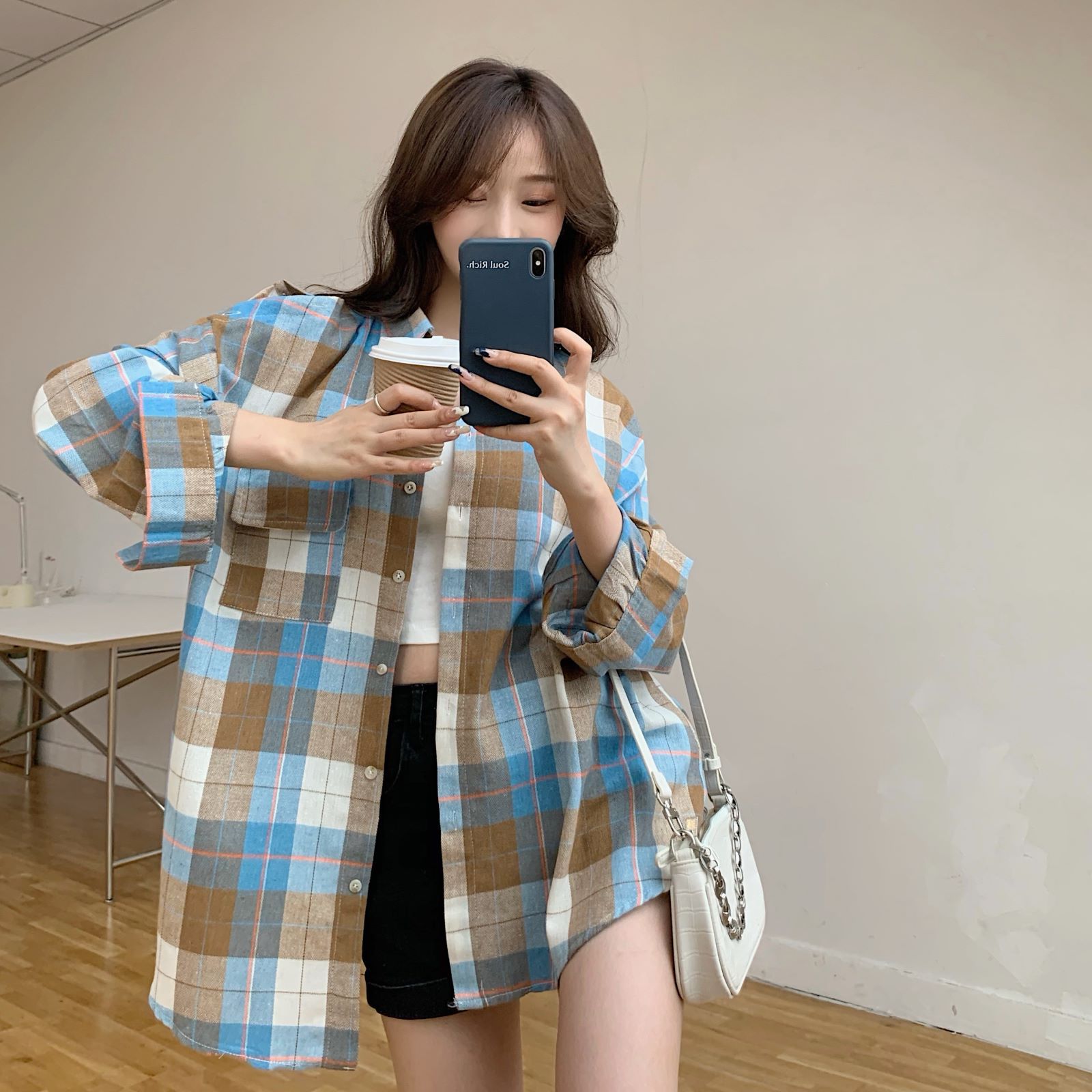 2021秋款 du家印花格衬衫/长袖衬衫女宽松外穿防晒衬衣