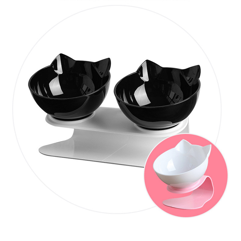 Factory Direct Sales Plastic Non-Slip High Leg Cat Bowl 15 ° Oblique Angle Cat Neck Protection Double Bowl Solid Color Cat Ear Food Basin Wholesale