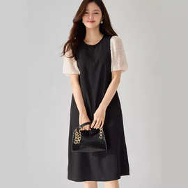25清仓新黑色长裙通勤风高腰波点拼接设计短袖直筒连衣裙女22222
