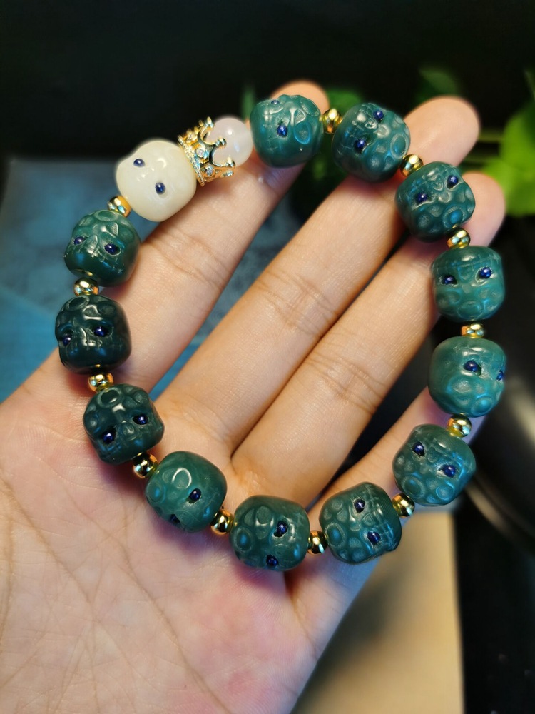 抖音直播菩提根呆呆团阴皮绿菩提根雕刻阿呆多宝菩提手链男女手串