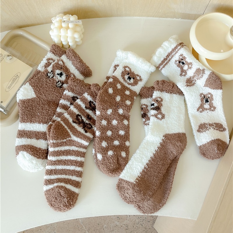 Coral Fleece Socks Female Coffee Color Series Bear Women's Mid Tube Stockings Winter Fleece Lined Padded Warm Keeping Room Socks Sleep Women's Socks