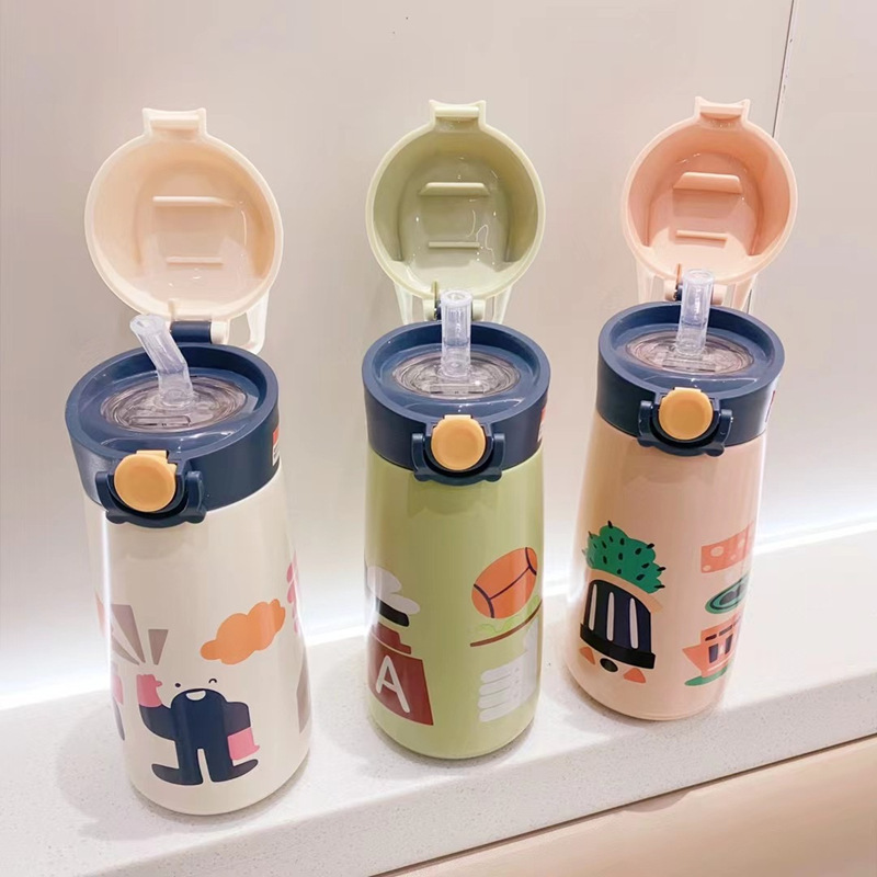 Children's Thermos Mug Water Bottle for Primary School Students with Straw Kindergarten Portable Anti-Fall Baby Water Glass