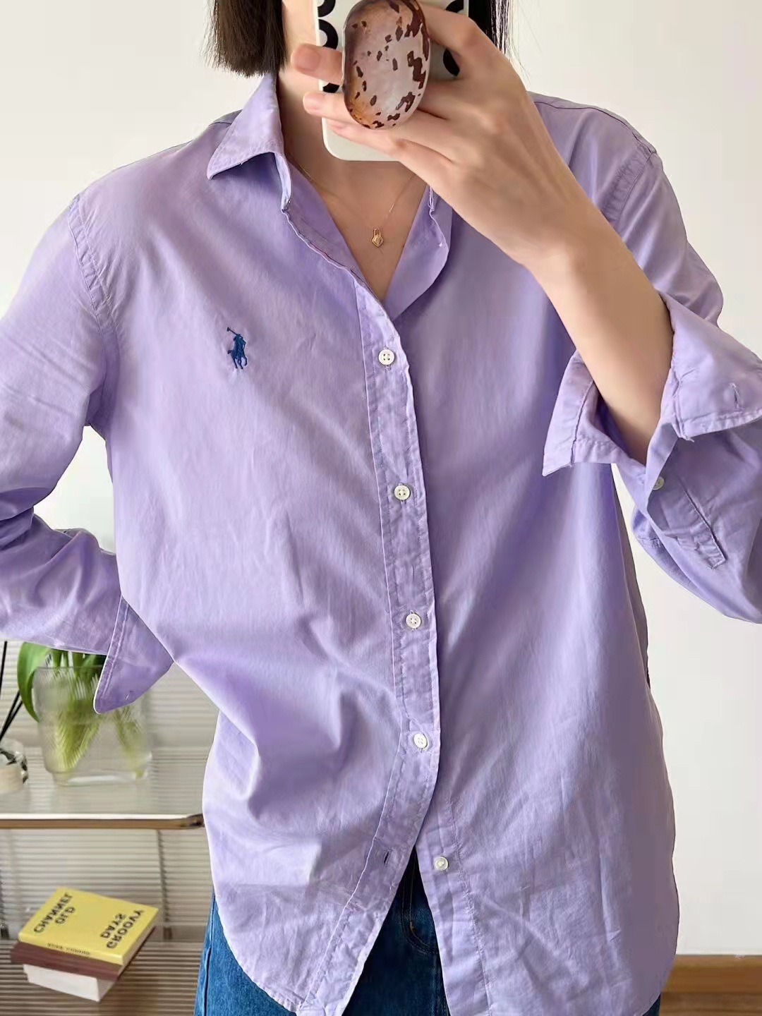 rl拉夫战马刺绣经典款22ss春夏季香芋紫色牛津布衬衫女宽松版上衣