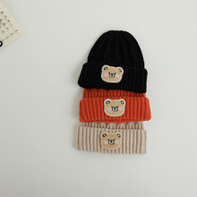 秋冬季儿童小熊翻边套头帽子男女宝宝毛线帽洋气保暖卡通针织帽子
