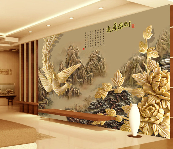 3d火凤凰墙纸客厅电视背景墙壁画8d立体浮雕沙发背壁纸牡丹花壁纸