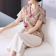 S萕2妈妈装夏款套装2024新款中老年女装棉麻上衣新中式国风小衫两