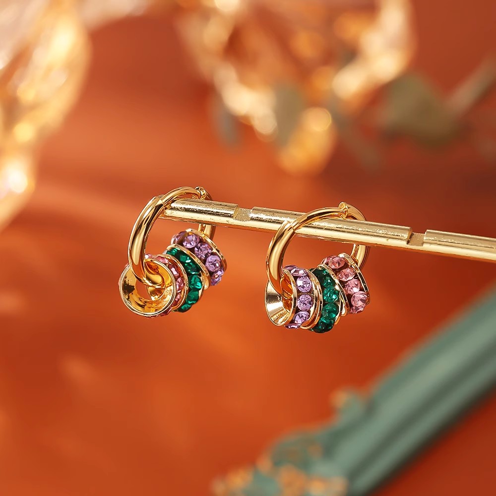 earrings all-match temperamental stud earrings real gold plating high-grade exquisite color zircon circle pendant ear clip earrings for women