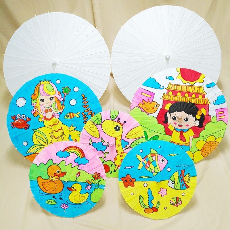儿童diy手工绘画伞 油纸伞小手绘纸雨伞伞画制作材料涂色玩具